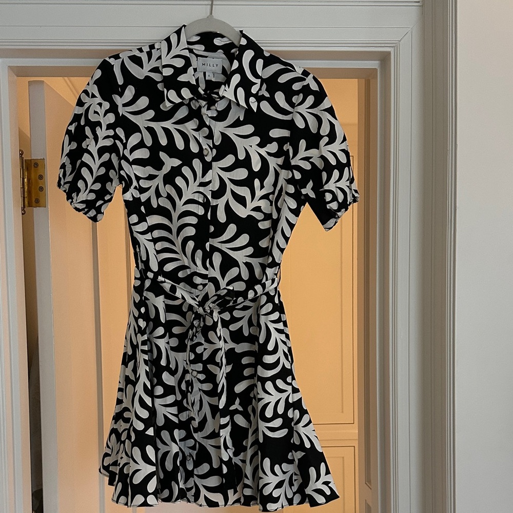 Milly Black and White Leaf Print Mini Dress